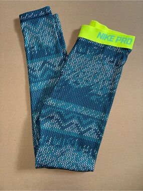 Nike Pro Dri-FIT Leggings Size Small Blue Print Volt Waistband Compression Y2K